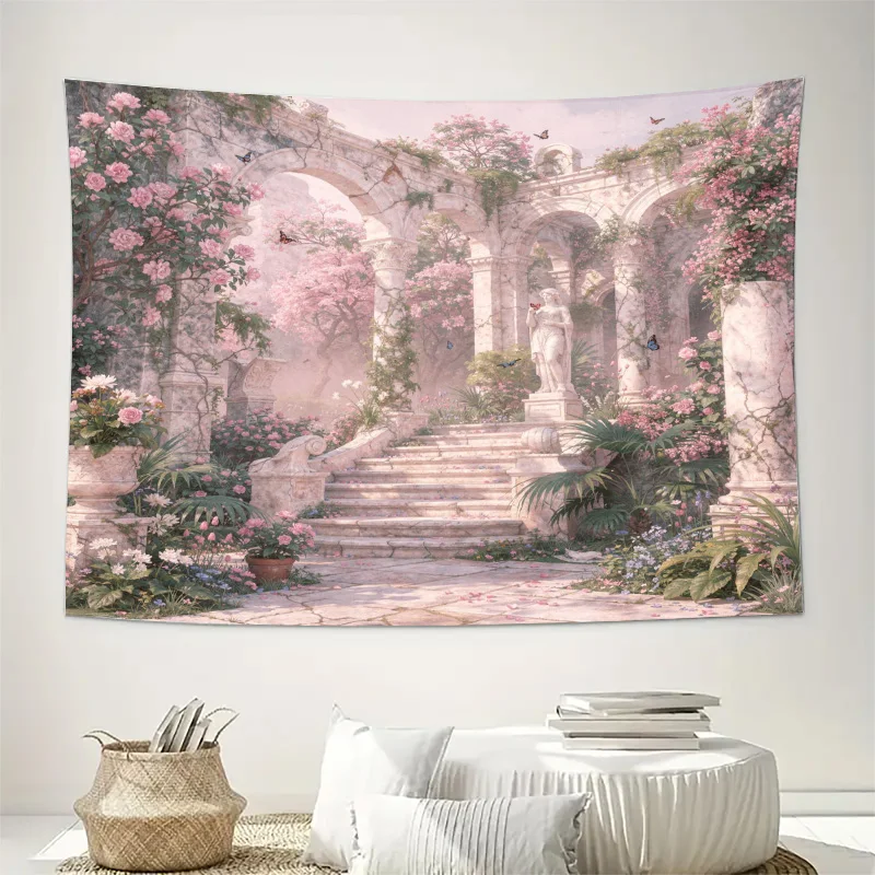 Romantic Garden Ruins Tapestry Wall Hanging Decor Vintage Blossom Floral Spring Art Poster Mural Artwork for Living Room Bedroom