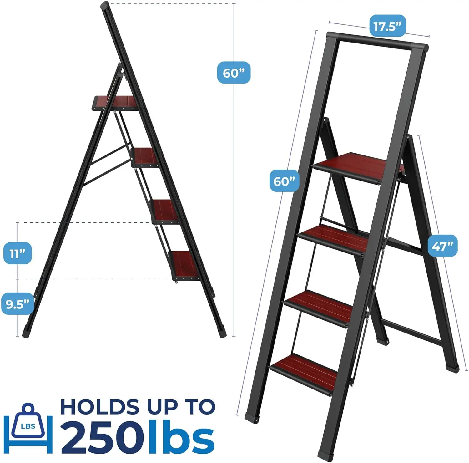 Step Ladder 4 Step Folding, Decorative - Beautiful Mahogany & Black Aluminum, Ultra Slim Profile, Anti Slip Steps, Sturdy-Portab