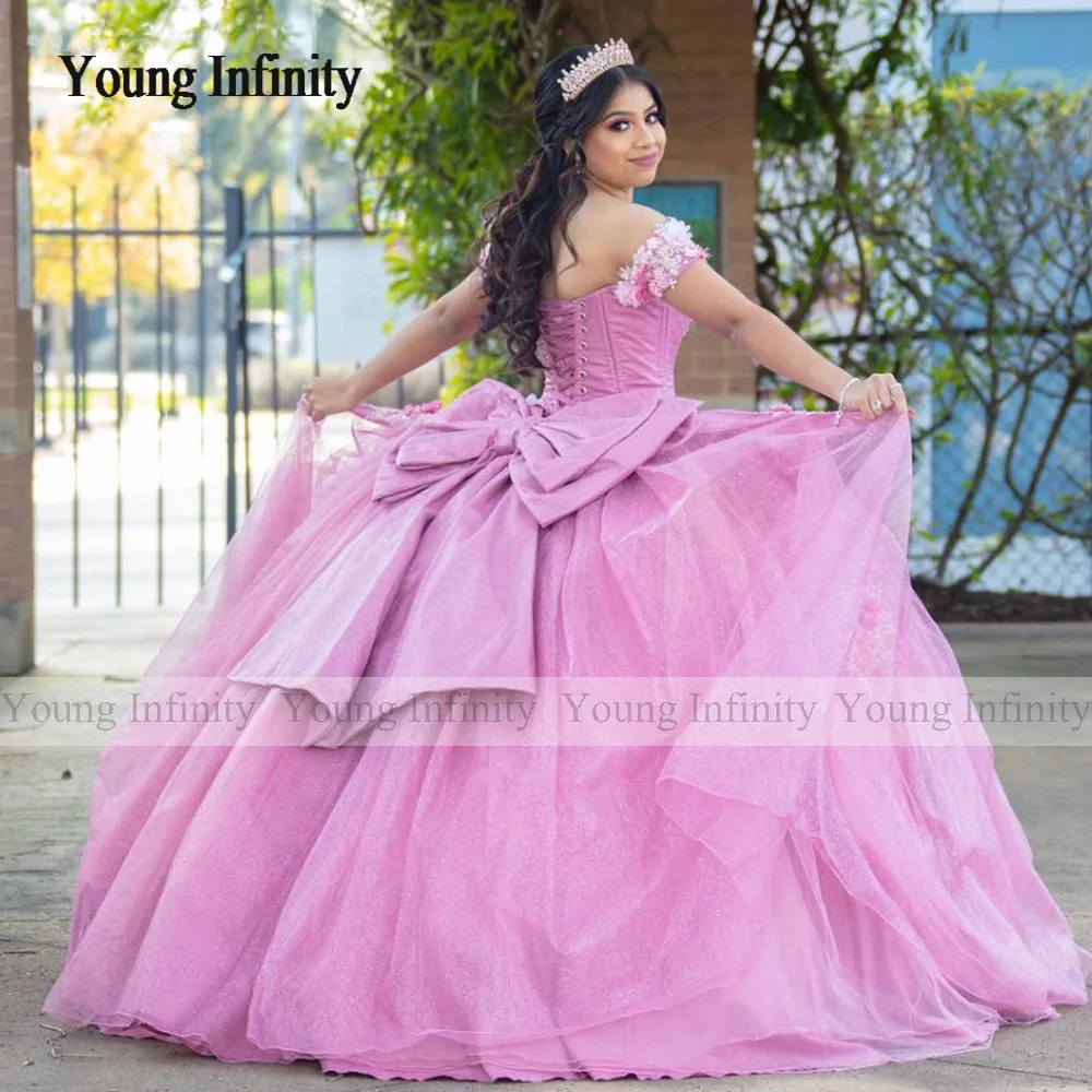 Mexico Pink Shiny Quinceanera Dresses Sweetheart Beads Appliques Lace Flower Off the Shoulder Sweet 16 Vestidos De 15 Anos Gala