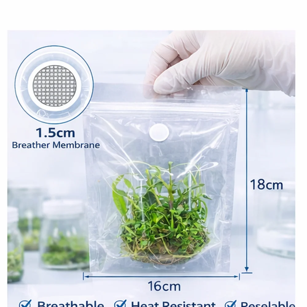 Tissue Culture Bags with 1.5cm Breather Membrane Resealable Plant Micropropagation Bags Heat Resistant Up To 135°C 16×18cm