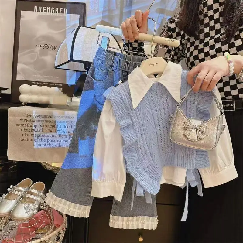 

Комплект для девочек 2-7 лет: модная новинка, весенне-осенний набор из 3 предметов (рубашка с длинным рукавом + жилет + джинсы с кружевом)