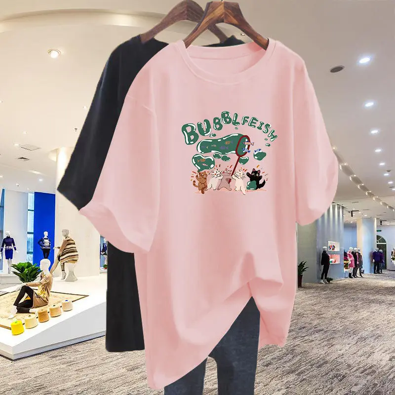 

Lady Letter Lovely Cartoon Printed Tee Shirt Women Basics Simple M-6XL Pullover Summer Loose O-neck 100 Cotton Short Sleeve Tops