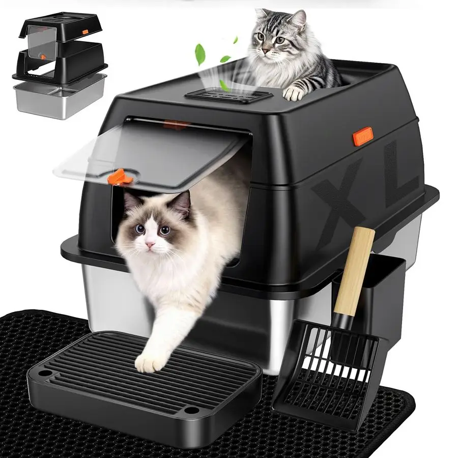 

Large Stainless Steel Litter Box with Lid, High Sided Enclosed Metal Cat Litter Pan, Dog Proof Front Entry Top Exit, Odor Contro