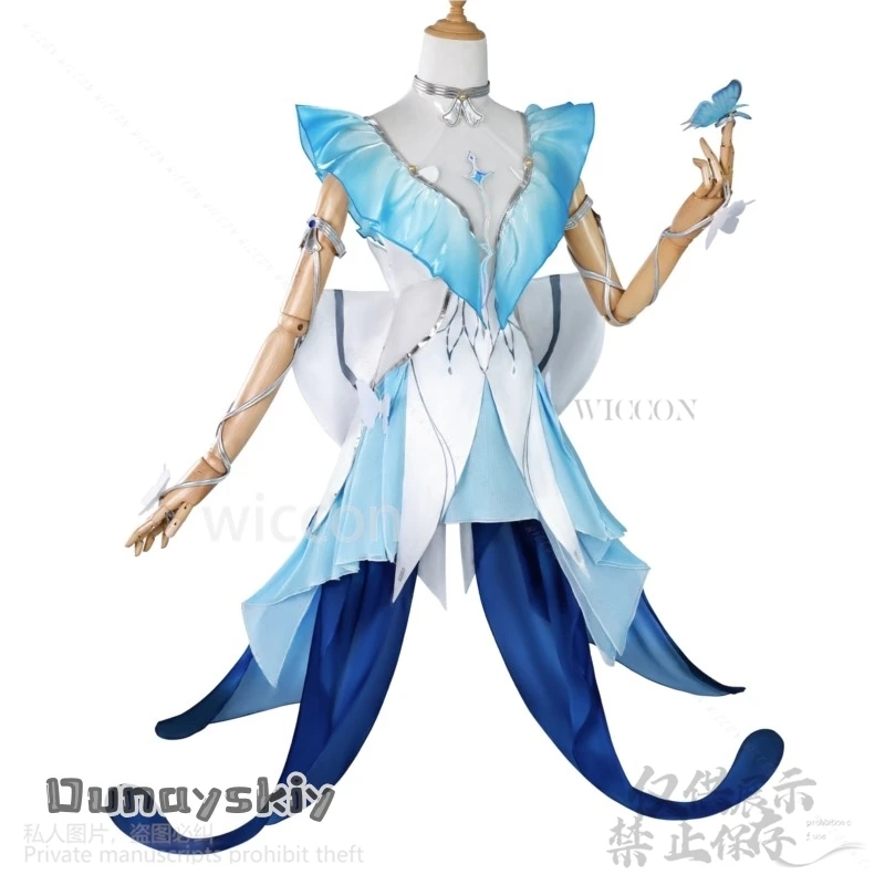 Shorekeeper 코스프레 애니메이션 게임 Wuthering Waves 의상 워터 컬러 Y2K 나비 공주 드레스 불규칙한 레이스 맞춤형