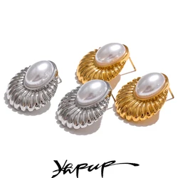 Yhpup Statement Simulated Pearls Striped Oval Stud Earrings for Women Stainless Steel Fashion Vintage Daily Jewelry Waterproof