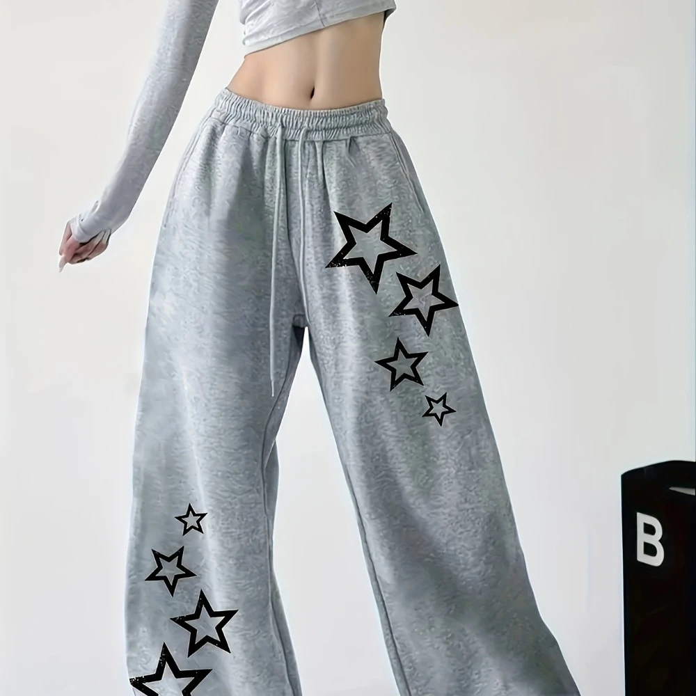 Ladies' Star Patterned Elastic Ribbed Wide Leg Jogging Pants - Casual Home Pants Suitable for All Seasons, Sportswear