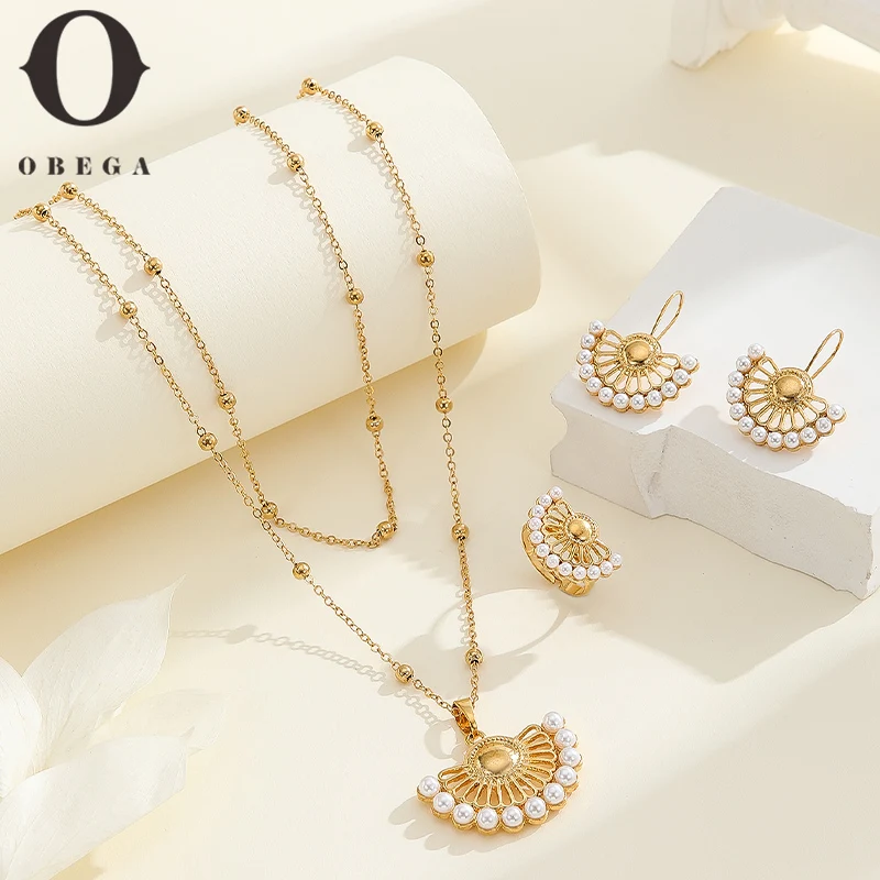 Obega Half Hollow Out Round Pearl Jewelry Sets Gold Plated Earrings Ring Ladies Natural Pearl Inlaid Necklace Set for Party