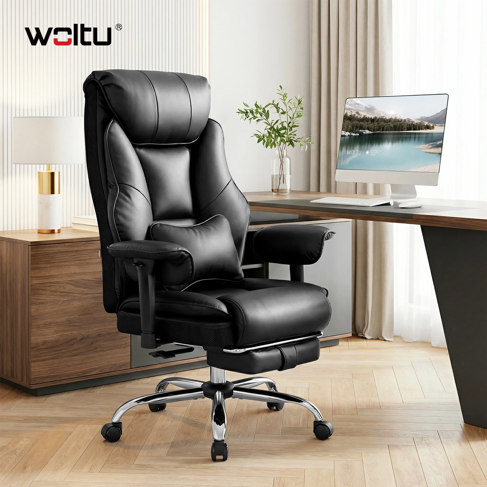 WOLTU Drehbarer ergonomischer Bürostuhl, höhenverstellbarer Chefsessel mit doppellagiger Rückenlehne für Büro-Besprechungsräume