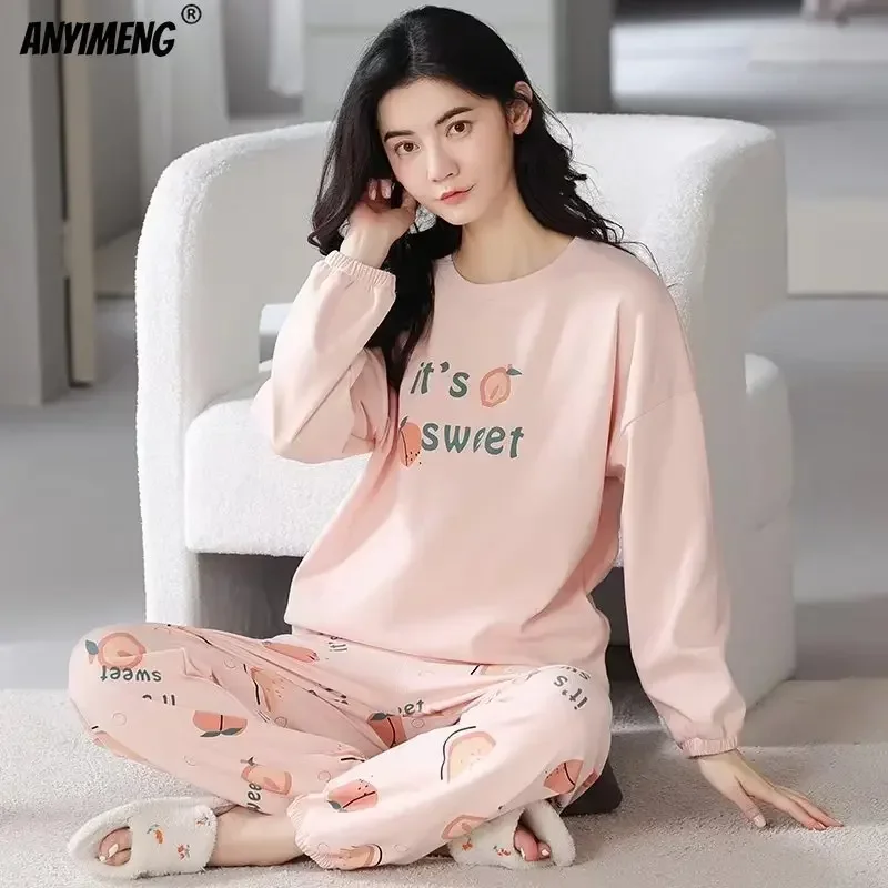 M-5XL Big Size Autumn Spring Pajamas Set for Women Kawaii Printing Sleepwear for Girl Fashion Long Sleeve O-neck Woman\'s Pijamas