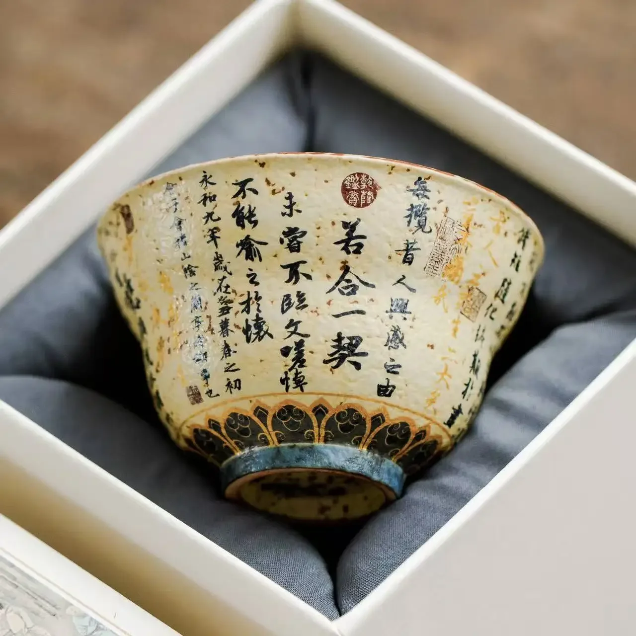 2Pc Blue and White Flint Red Teacup Single Cup Ceramic Orchid Pavilion Preface Master Cup Personal Tea Tasting Cup KungFu TeaSet