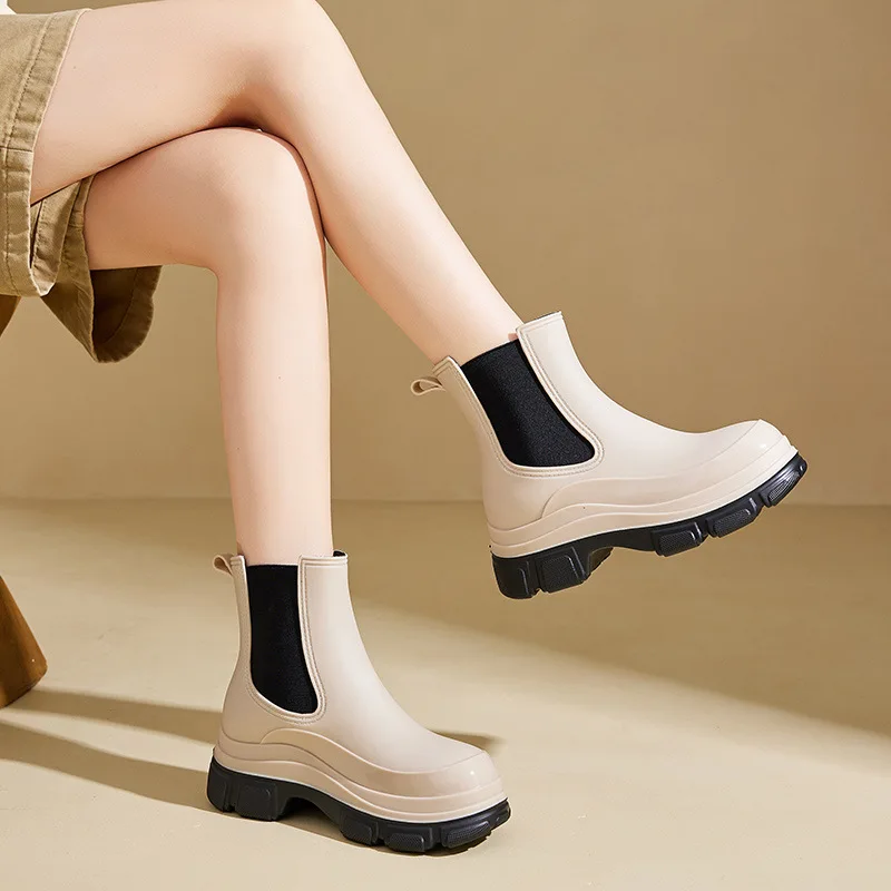 

Fashionable Thick Heel Rain Boots Women's 2024 New Summer Waterproof Chelsea Short Boots Anti-slip Rubber Spring Autumn EVA