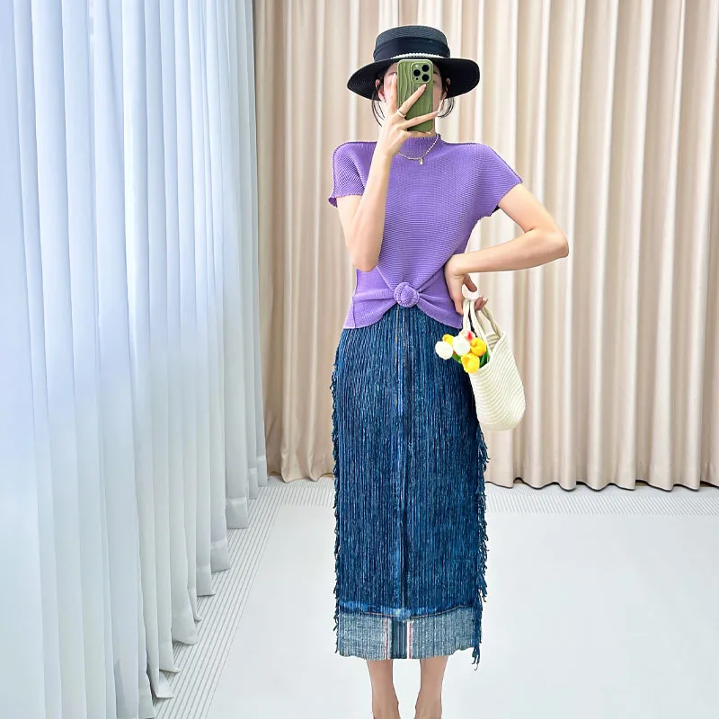 

Miyake Pleated Women's Casual Skirt 2026 New Japanese Design Imitation Denim Color Tassel Elastic Waist Pleated Skirt