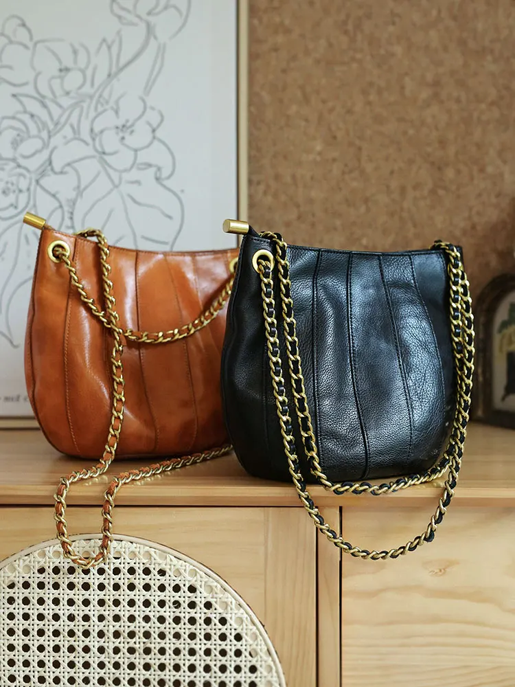 Vintage first layer cowhide stitching women's bucket shoulder bag weekend party genuine leatherfemale chain crossbody bag