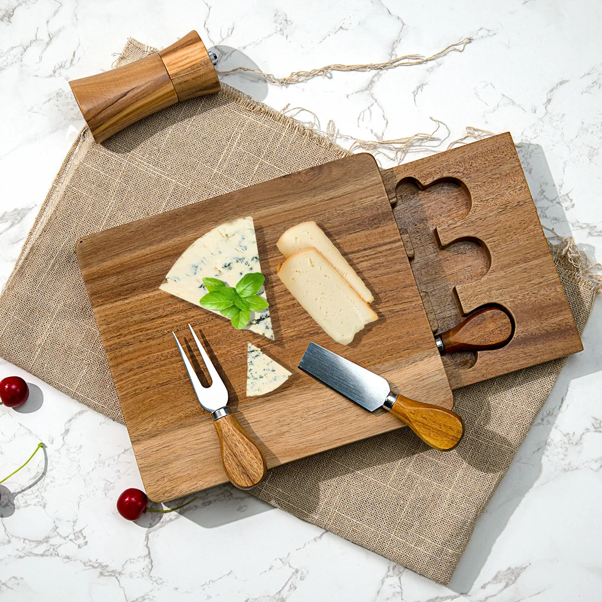 

Cheese Board Set Solid Wood With Drawer Multifunctional Square Cutting Board Knife And Fork Utensils For Kitchen Home Party