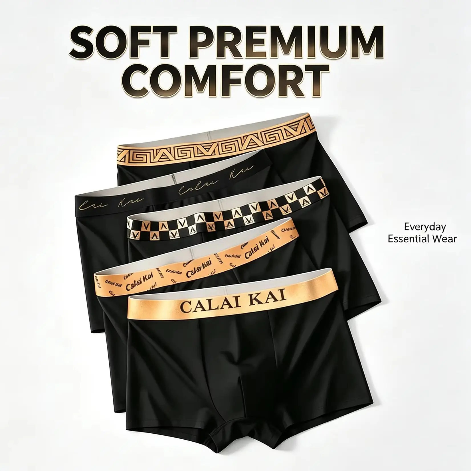 Men's Black Solid Boxer Briefs Luxury Gold Logo Soft Comfort Breathable Underwear for Daily Office Gym Casual Wear