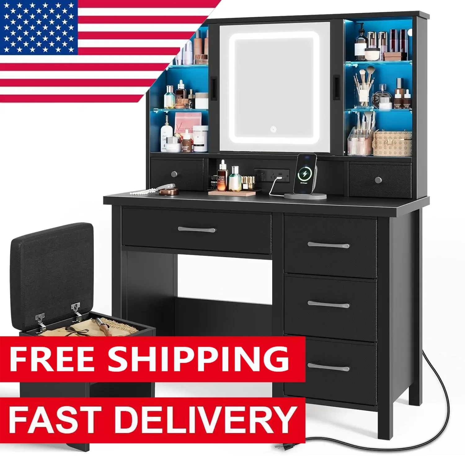 Vanity Desk with Lighted Sliding Mirror & Power Outlet,Vanity Table Set with Chair,6 Storage Drawers Makeup Table with LED Strip