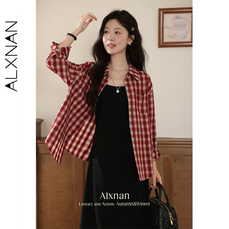 

ALXNAN красная винтажная клетчатая рубашка женская солнцезащитная хлопковая блузка с длинными рукавами из 100% хлопка 2025 летние офисные женские повседневные элегантные топы L56701