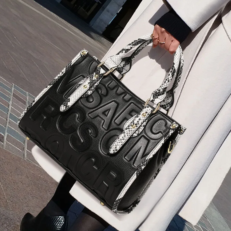 

Aidrani black genuine leather women's handbag, large capacity, with embossed letters, shoulder tote bag, luxury style mom bag