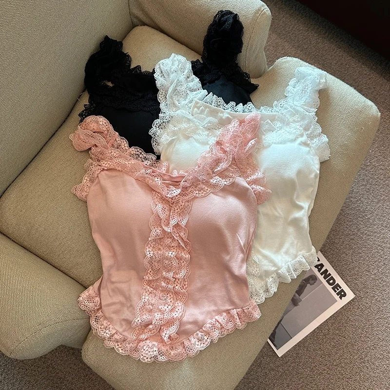 Black Spicy Girl Knitted Strap Vest Women's Summer Pure Desire Sexy Lace Splice Tight Inner Wear Top Outerwear