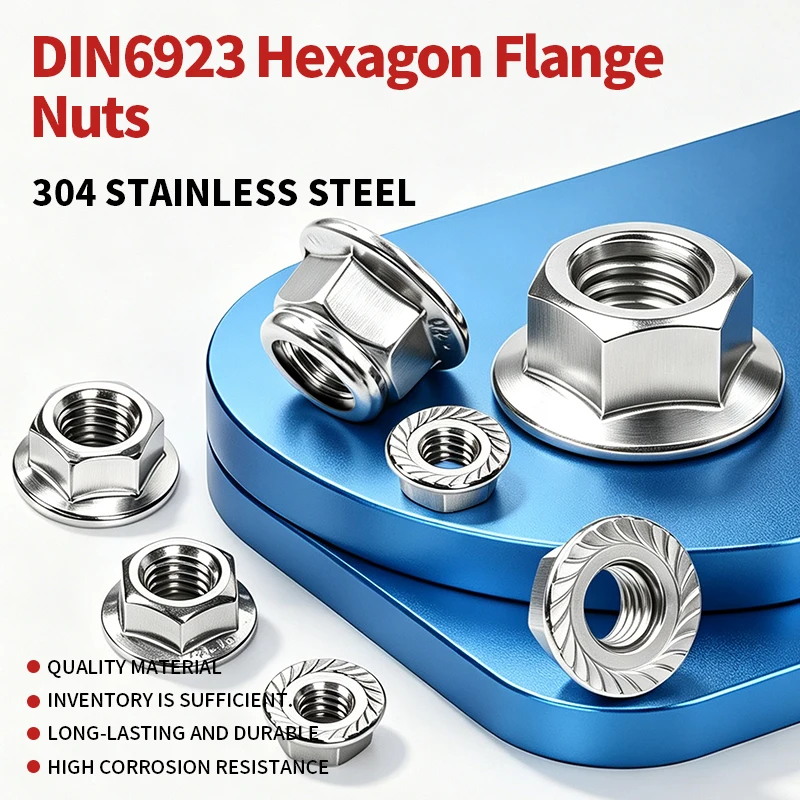 Metric One Piece Flange Hex Nut A2-70 304 Stainless Steel Fastener DIN6923 Hexagon Flange Nuts M2.5 M3 M4 M5 M6 M8 M10 M12 M14 M
