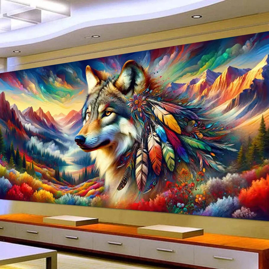 New Diy Diamond Arts Painting Kits Large Size Feather Wolf With Sunset Full Mosaic Embroidery Colorful Valleys Autumn Picture