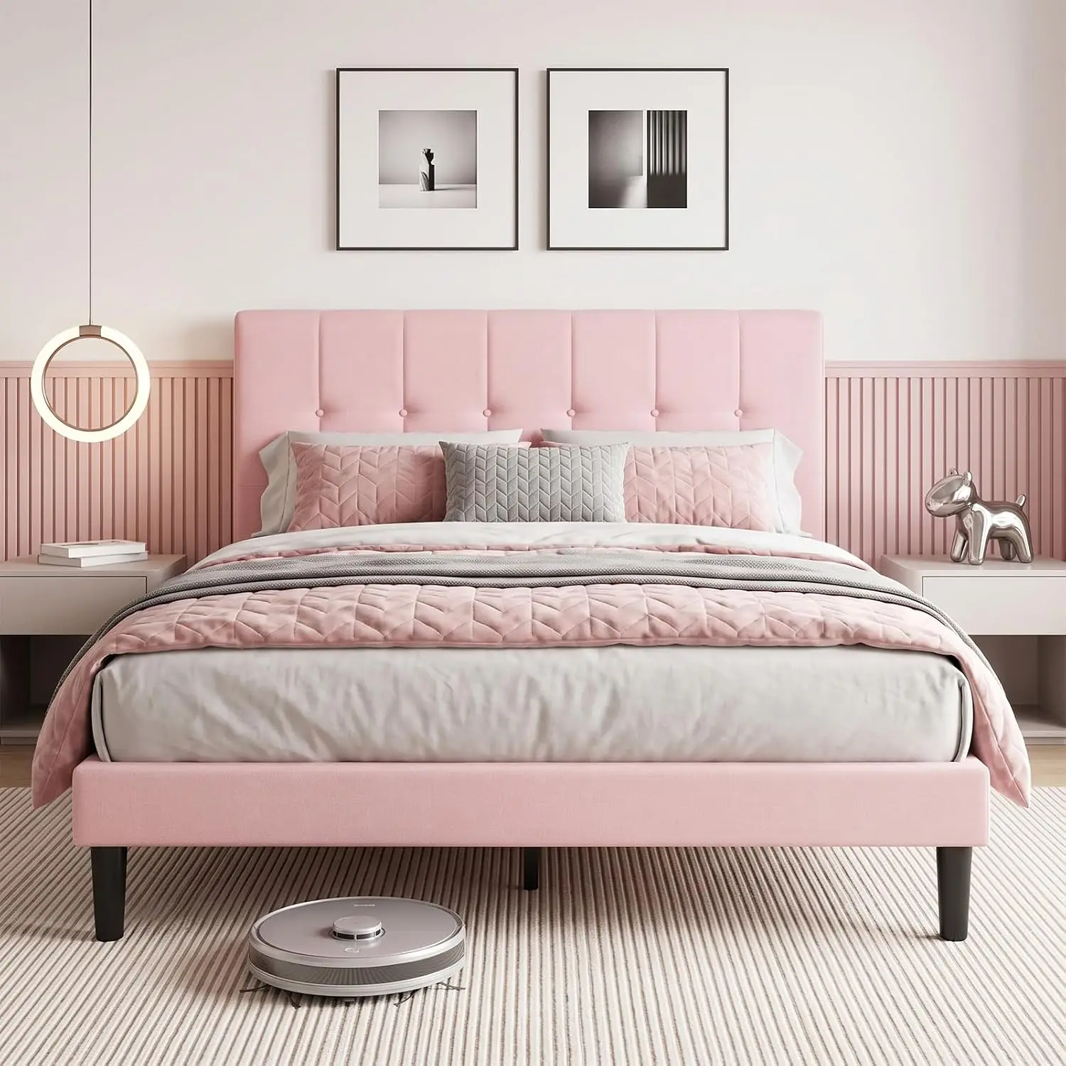 Velvet Tufted Queen Bed Frame Upholstered Headboard Pink, Customized