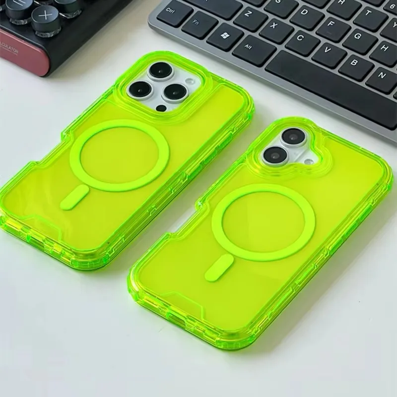 

Neon Color Bumper Shockproof MagSafe Phone Case For iPhone 16 16pro max 14 15 Pro 13 11 12 Wireless Charging Clear Armor Cover