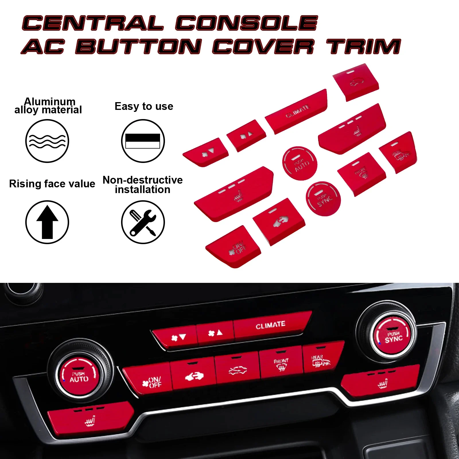 Tampa do botão do painel do console central, guarnições do interruptor do condicionador de ar, vermelho desportivo, Honda CR-V 2017 2018 2019 2020 2021, 12pcs