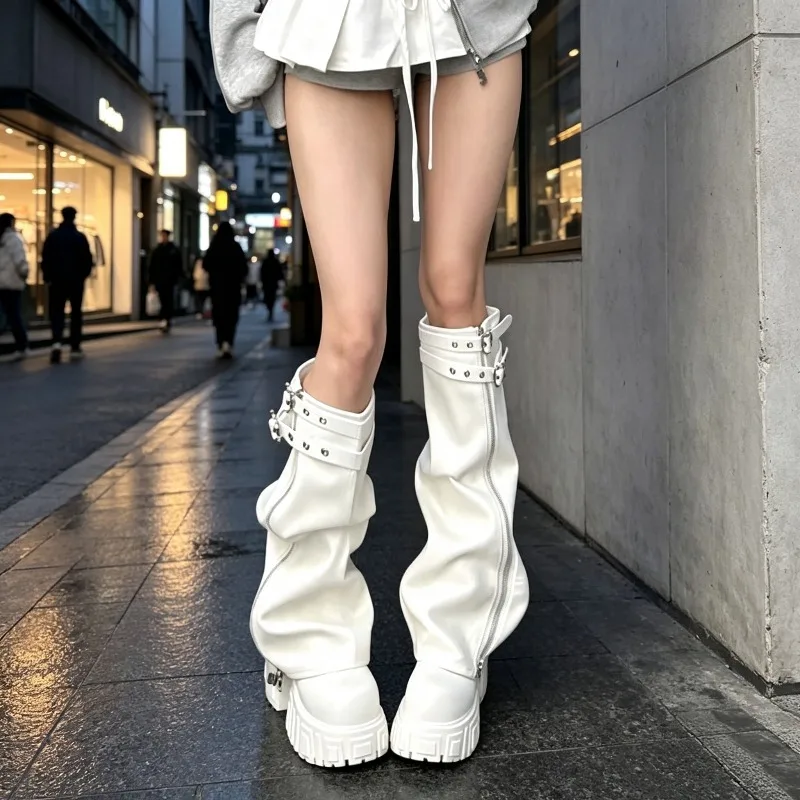 Lady Statement Platform Knee High Boots, Cargo Style Strap Rivet Zipper Faux Leather Long Boots, Futuristic Streetwear Boots