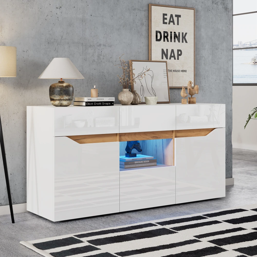 Aparador para salón, mueble con 4 cajones, almacenamiento de dos compartimentos, mueble auxiliar para sofá de alto brillo con iluminación LED