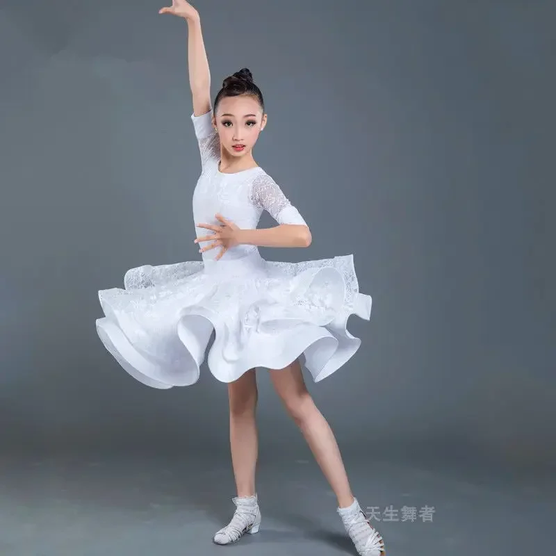 Vestido latino para niños, tutú de salón para niña, encaje, diseño blanco y negro, ropa de escenario, traje de baile de salsa y samba 130-mn160 12