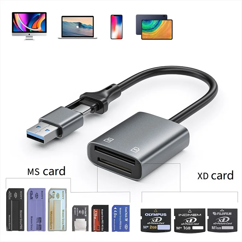 MS XD Memory Card Reader 2 in 1 USB Type-C or lightning to XD MS Card Reader Adapter for Memory Sticks iPhone 16 15 Samsung etc