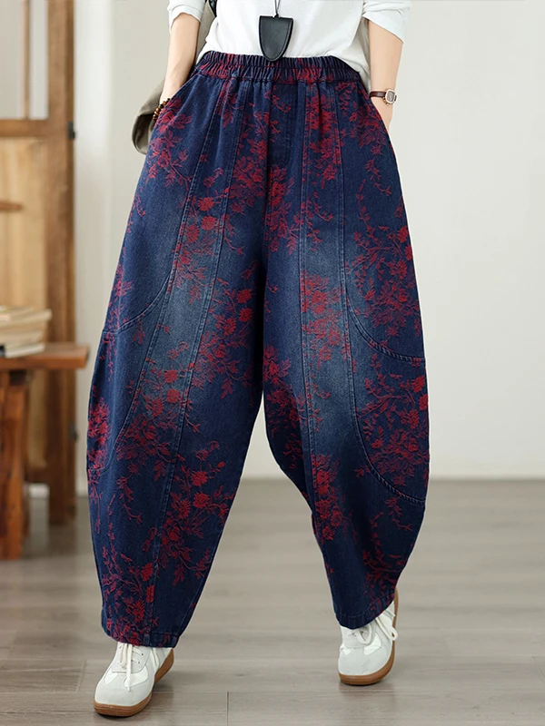 Retro Washed Print Harlan Jeans Women's Loose Fit Casual Long Trousers Spring Autumn plus Size Slimming Jeans