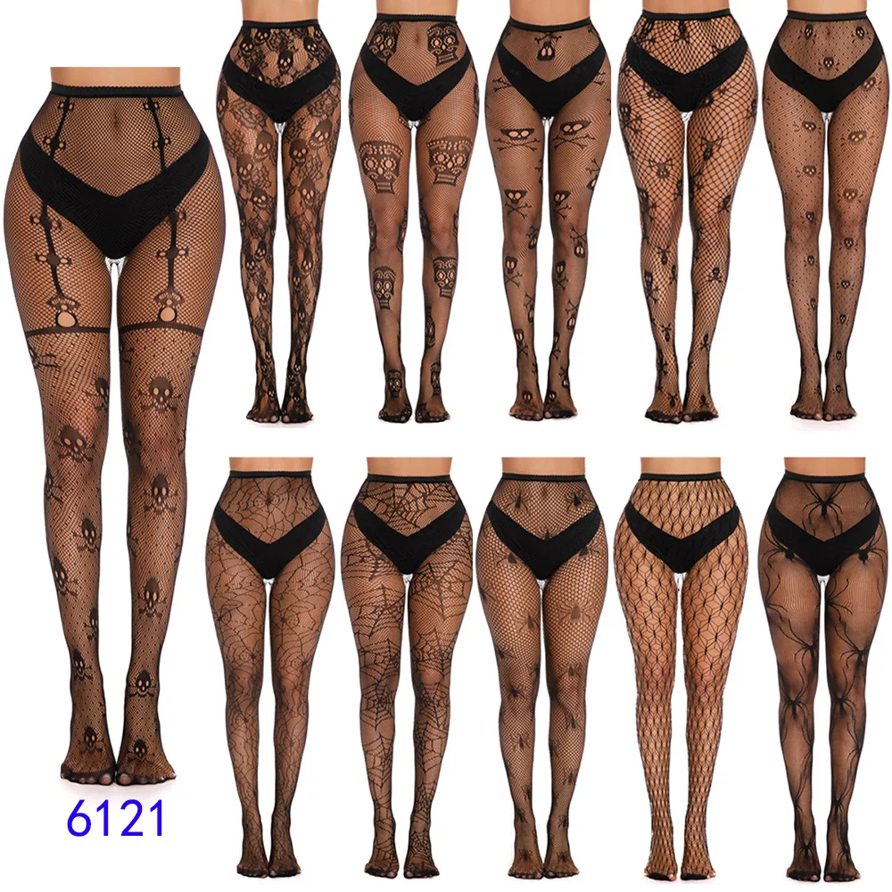 

Popular Halloween Cosplay Meshes Sexy Lingerie Crotchless Hollow Out Skull Heart Spider Web Fishnet Pantyhose Suspender Tights