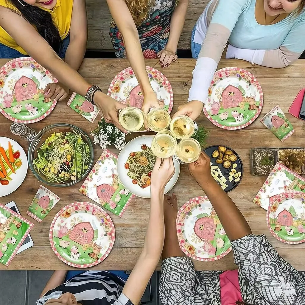 Neues Rosa Bauernhof-Tier Themen-Einweggeschirr, Pappbecher, Teller, Servietten, Tischdecken, Kindergeburtstags-Partyzubehör – Detail 11