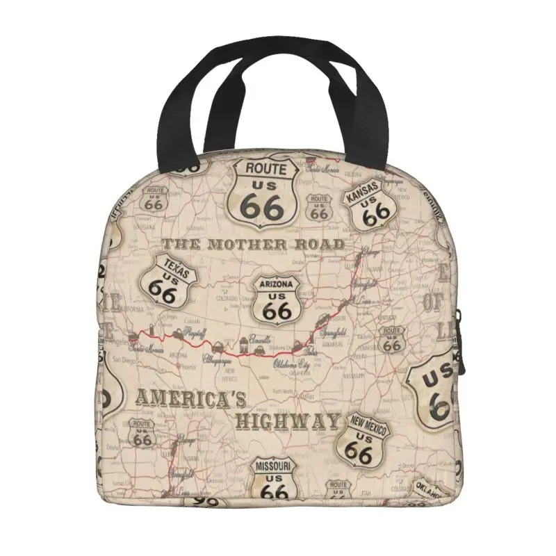 Vintage American Map Route 66 Pattern Portable Lunch Boxes for Leakproof USA Highways Cooler Thermal Food Insulated Lunch Bag