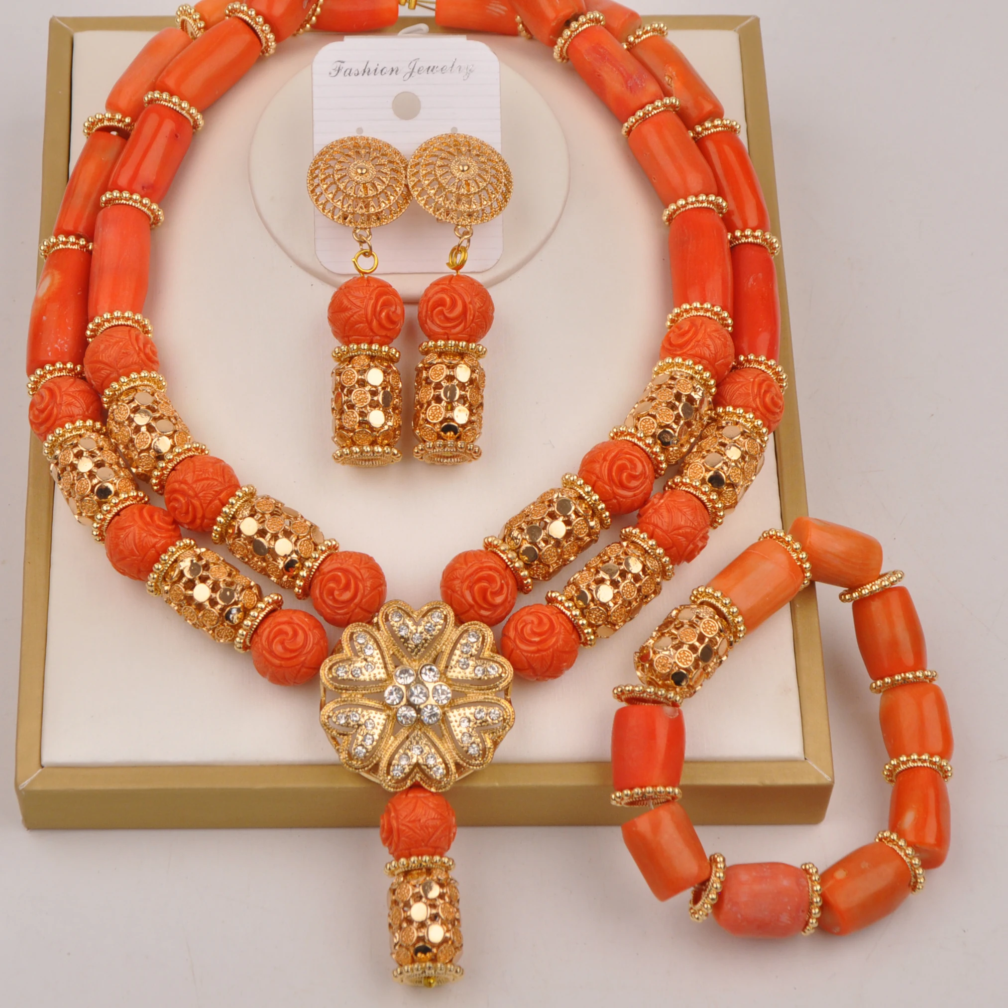 

Nigerian wedding Pearl African bride wedding jewelry natural coral orange necklace couple jewelry set SHXY-28