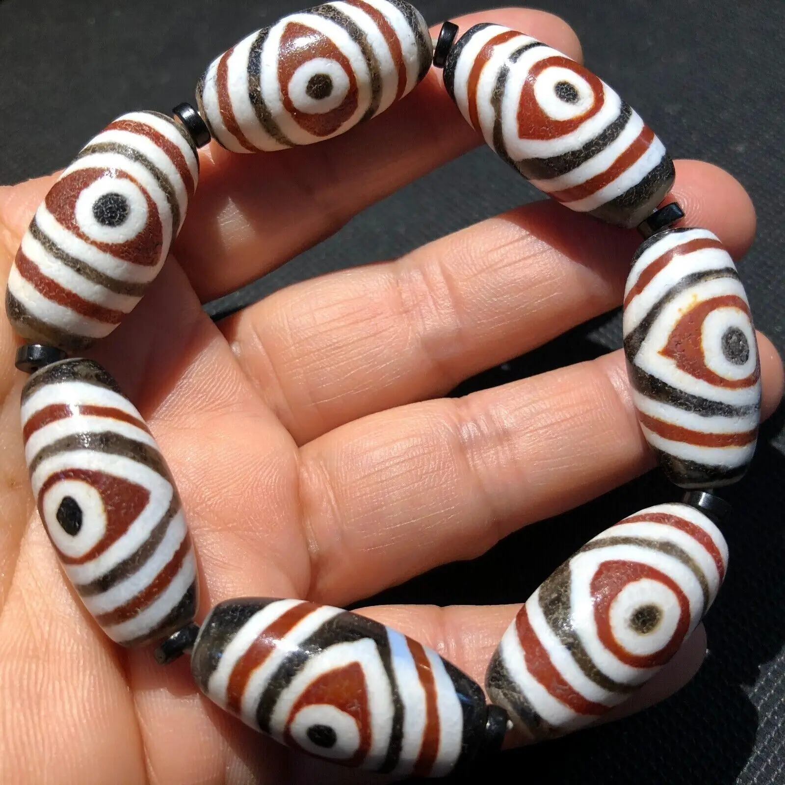 Magic Tibetan Old Agate Tricolor 1Eye Totem dZi Bead braceletC1941