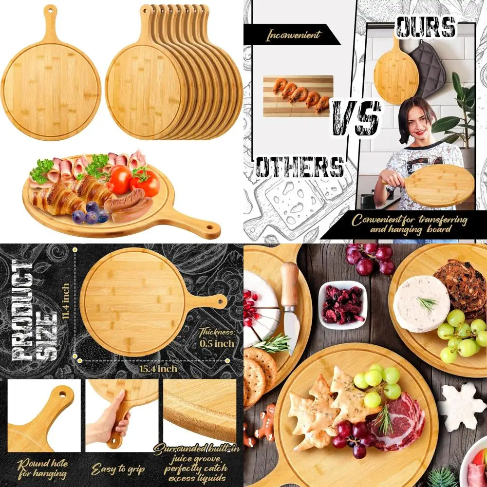

Круглые бамбуковые разделочные доски с ручкой — 10 упаковок деревянных сервировочных досок для использования на кухне, идеально подходят для пиццы, хлеба, сыра, Charcut