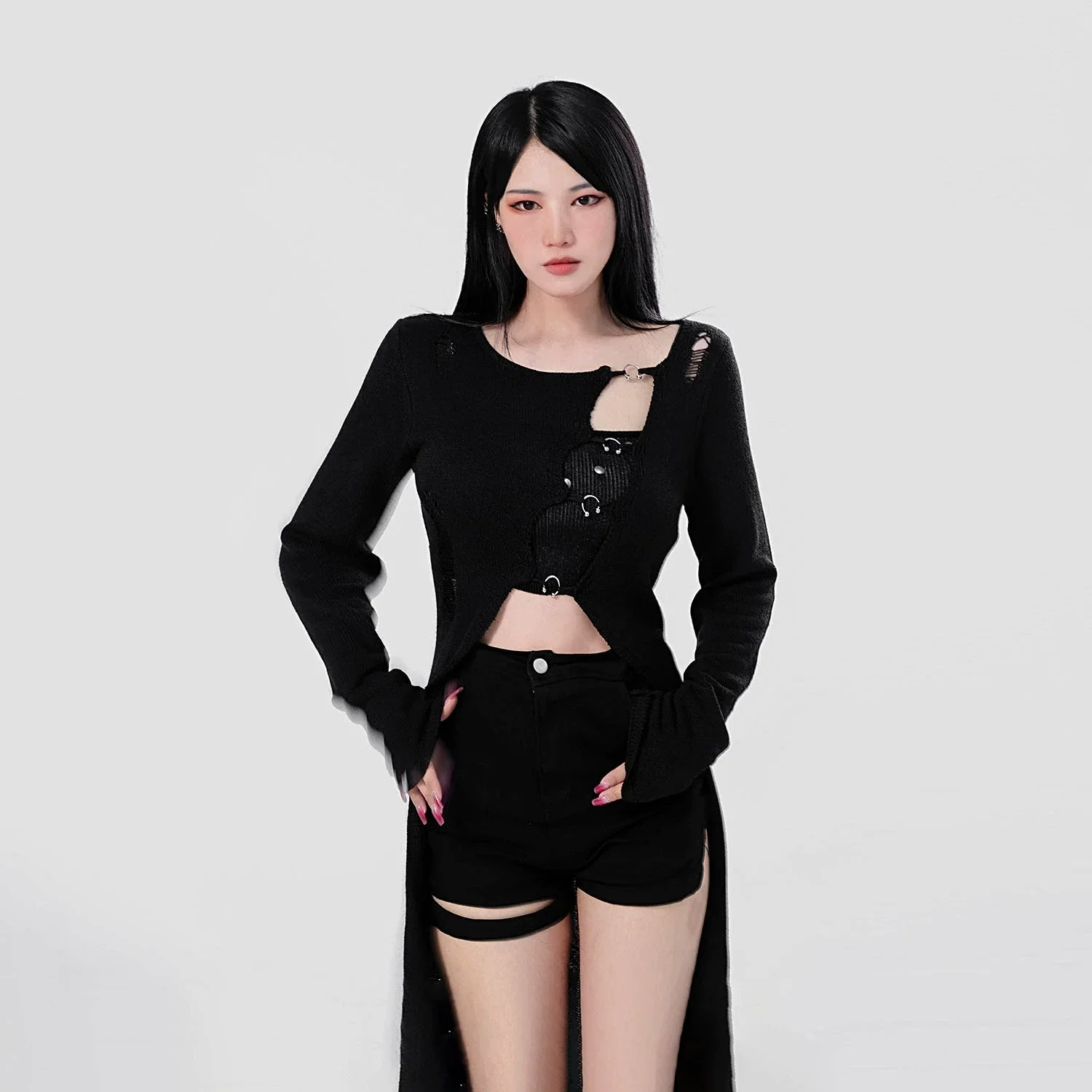 New Spring Summer Harajuku Gothic Hot Girls Black Splicing O-Neck Fashion Punk Hollow Out Sweater Pullover