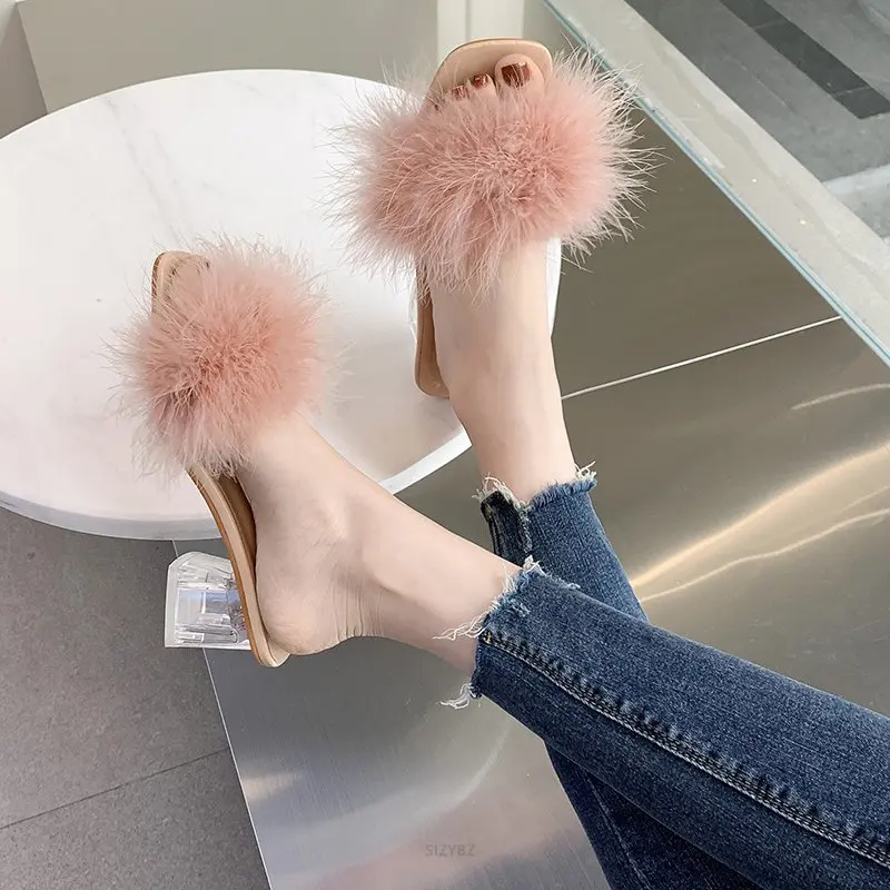 New Summer Fluffy Sexy High Heels Peep Toe Women Shoes Fur Feather Lady Fashion Wedding Slip-On Pink Square Toe Women Slippers