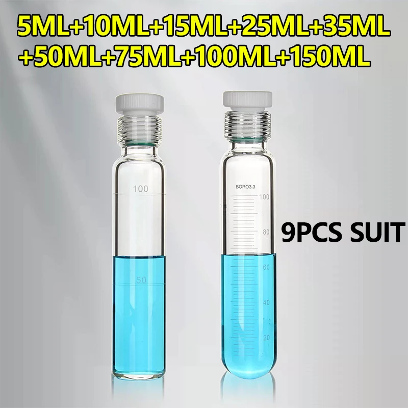 9-piece set, pressure-resistant tube/colorimetric tube 5~150ml, hydrolysis-proof reaction tube, PTFE screw seal
