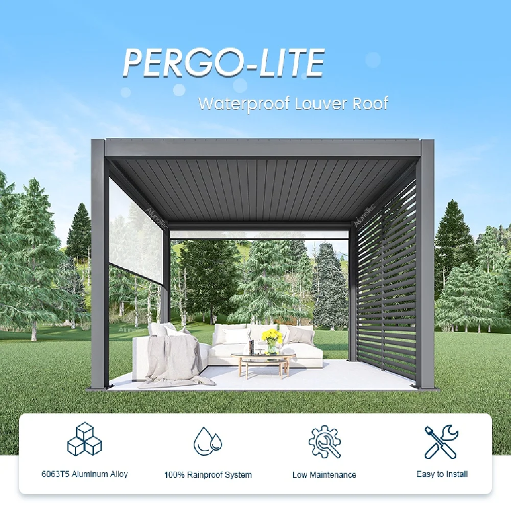 Luxury Aluminum Pergola Sunroom with Motorized Louvers and Sliding Glass Enclosures – Designed for Villas and Private Gardens