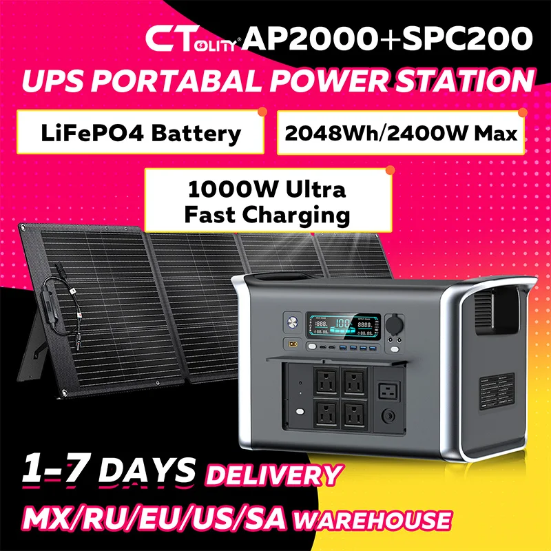 

CTOLITY AP2000 Solar Generator 2400W 2048WH Portable Power Station&200W ETFE Solar Panel LFP(LiFePO4) Battery Home Backup Power