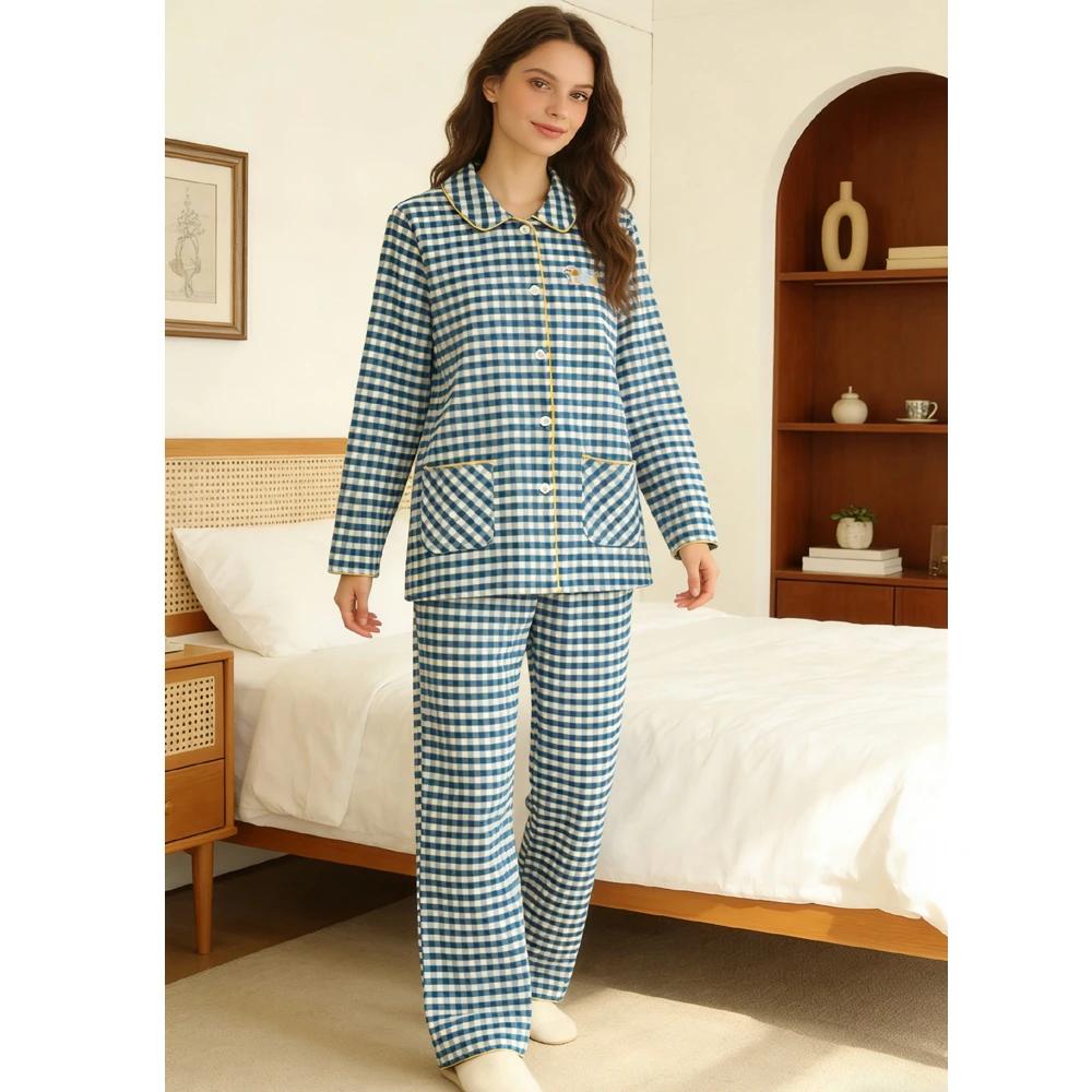 

Cute Plaid Embroidery Pajama Set Autumn Winter New Womens 100% Cotton Brushed Loungewear Button Down Sleepwear Soft Breathable