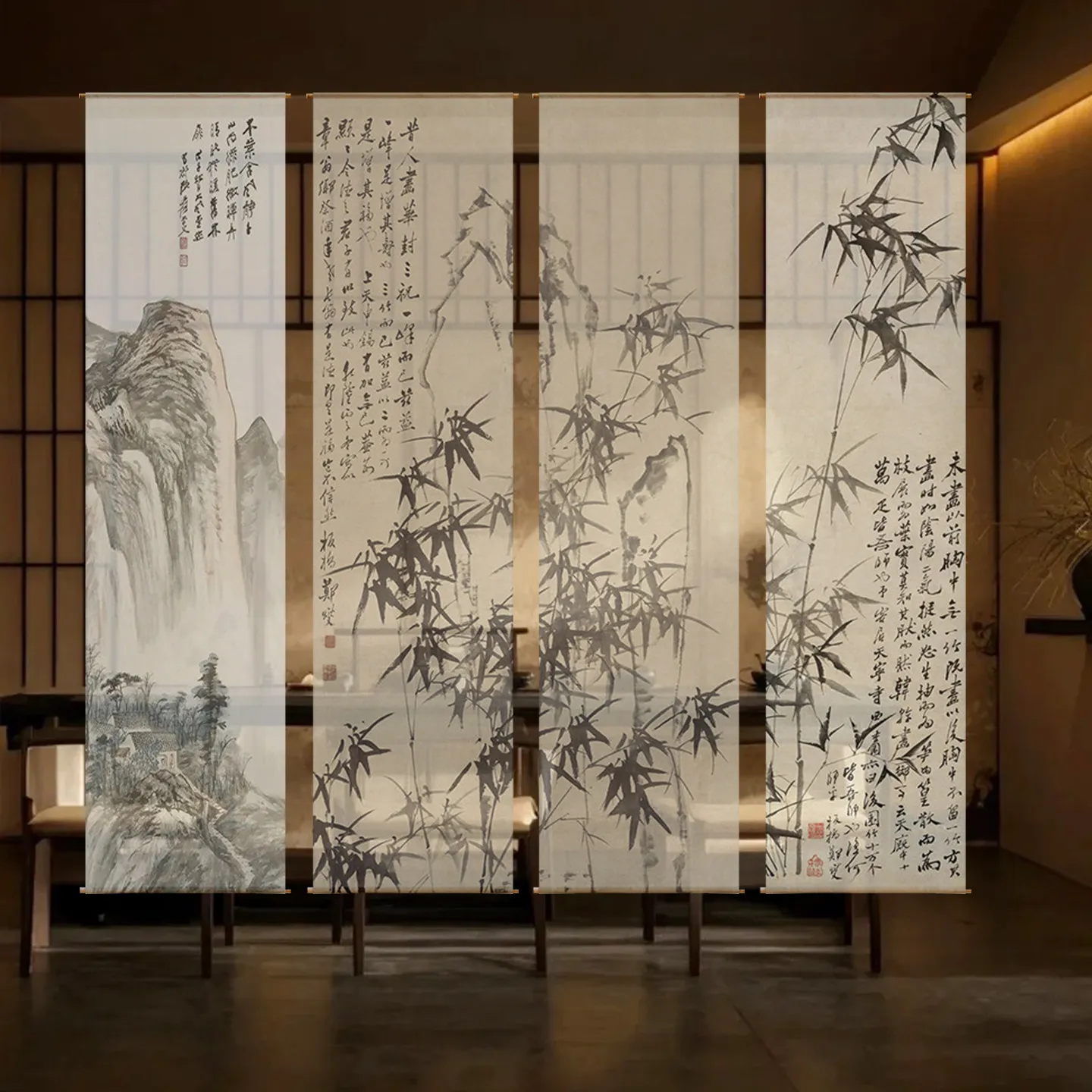 Japanese Rock Garden Hanging Divider – Semi Transparent Gauze Curtain Guqin Zen Noren for Tea Room, Tatami & Meditation Decor