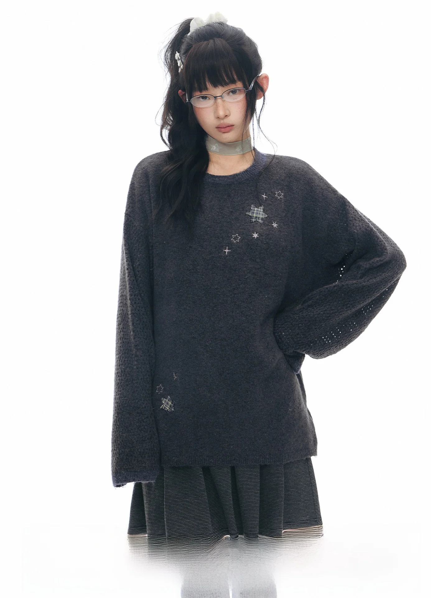 

NAPSNAPS Original Hexaam Embroidered Knitwear Loose Fit round Ne Women's Sle Soft Polyester Blend Long Sve Spring New