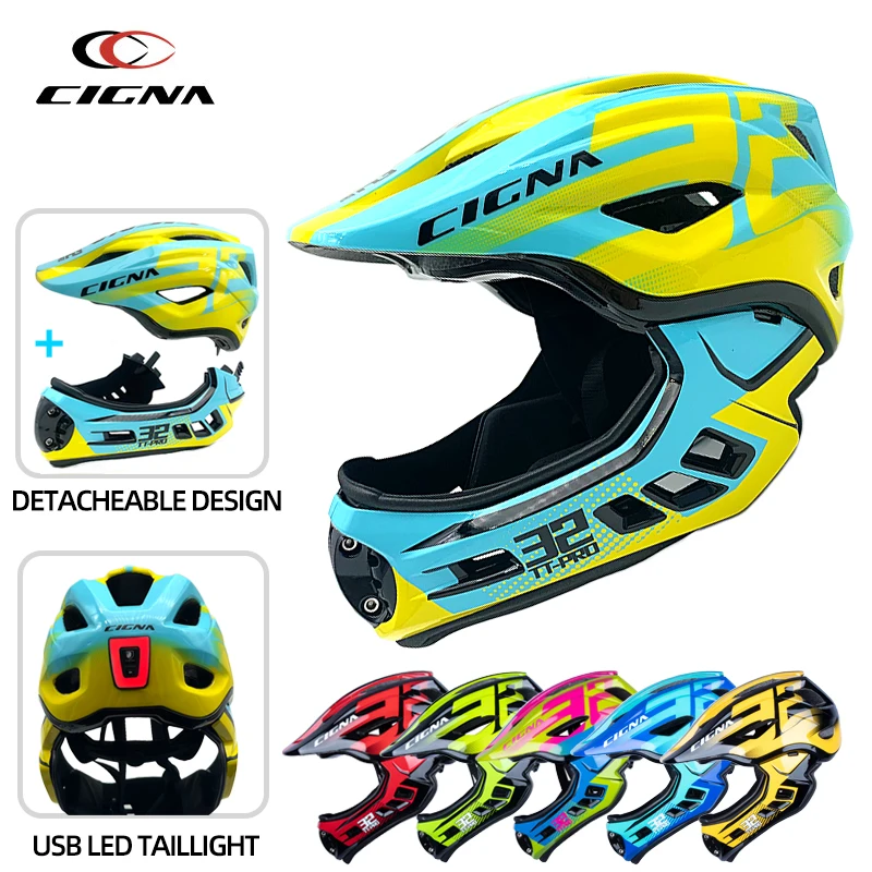 CIGNA TT32 PRO 2022 New Kids Full Face Helmet Casco Mtb USB Light Detachable Children Bicycle Cycling Safety Balance Bike Helmet