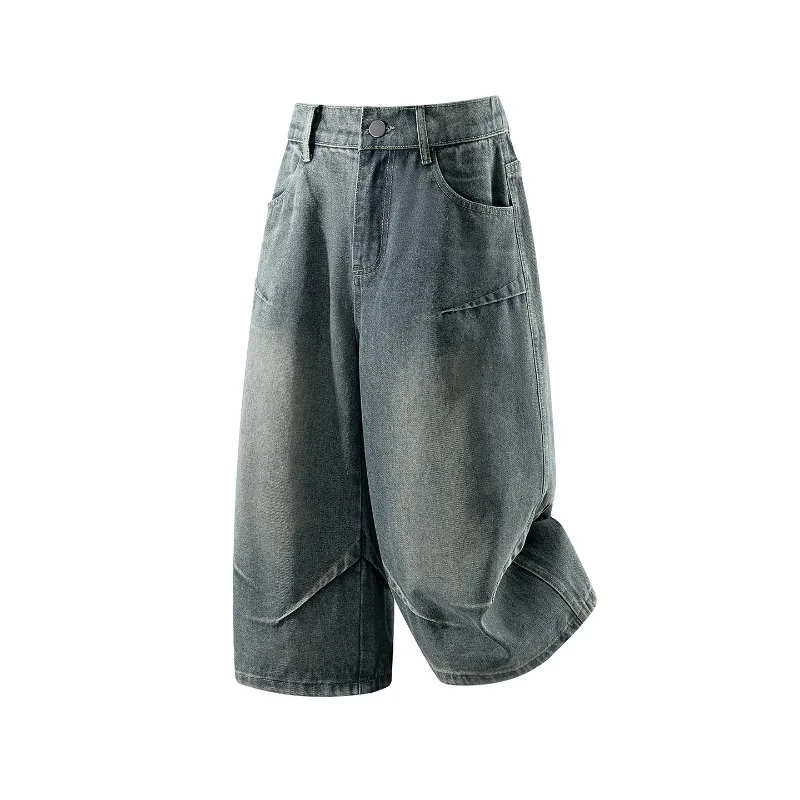 

Vintage Wash Wide Leg Denim Cropped Pants Men Korean American Style 2026 Summer Loose Casual Streetwear Shorts