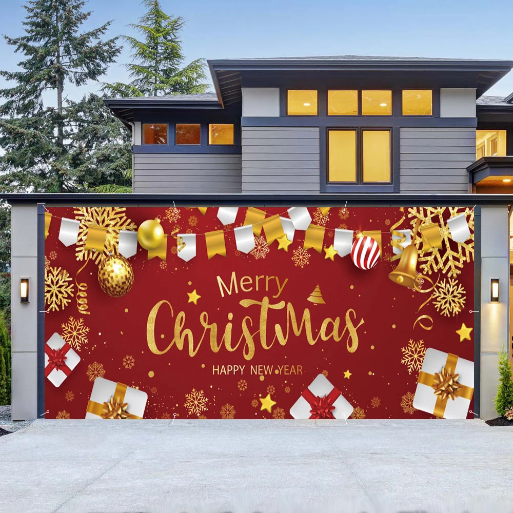 الأحمر عيد الميلاد المرآب الجدار الديكور راية خلفية أجراس الشتاء عيد الميلاد إكليل الهدايا غطاء باب المرآب الديكور في الهواء الطلق